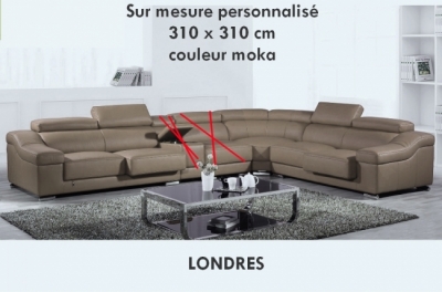 commande sur mesure: canapé d'angle en cuir buffle italien de luxe londres couleur moka, personnalisé sur mesure, sans bar et 1 assise en moins, 310x310 cm, en 3 virements, total commande 2338 euros livraison incluse