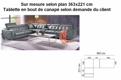 canapé d'angle en cuir de buffle italien de luxe, prestigia, gris foncé, angle gauche, sur mesure personnalisé: 363cm (180+74+109) par 221cm (38+74+109), total de la commande: 2108 euros, 