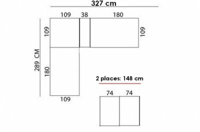 canapé d'angle en cuir epais de buffle italien de luxe, prestigia, noir. vu de face: partie de 289cm à gache. dim: 327 x 289 cm. une assise en moins de 74 cm sur la longueur  + 2 assises de 74cm  un 2 places sans accoudoir à mettre en face. sur mesure