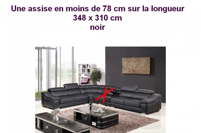 récapitulatif de la commande canapé d'angle cuir buffle italien luxe londres noir, angle gauche, personnalisé sur mesure 348x310cm; une assise en moins de 78 cm sur la longueur, 6x sans frais, total commande : 2398 euros