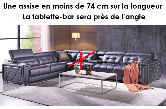 canapé d'angle en cuir de buffle italien de luxe prestigia sur mesure personnalisé, une assise en moins de 74 cm sur longueur, le bar sera prêt de l'angle. noir, angle gauche. 327x289 cm