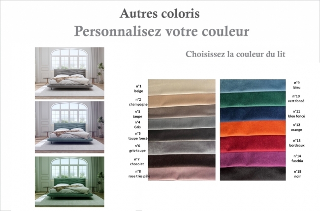 lit design en velours de luxe prestigio, avec sommier à lattes offert, couleur personnalisée, 180x200